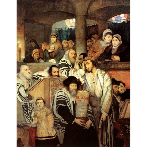 Jews Praying in the Synagogue on Yom Kippur Gold Ornate Wood Framed Art Print with Double Matting by Gottlieb, Maurycy