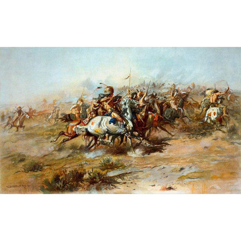 The Custer Fight Gold Ornate Wood Framed Art Print with Double Matting by Russell, Charles Marion