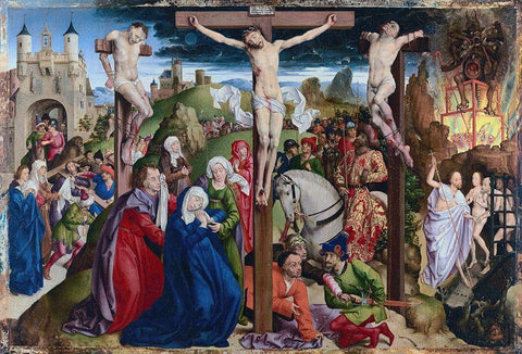 The Crucifixion Black Ornate Wood Framed Art Print with Double Matting by Dreux Bude Master