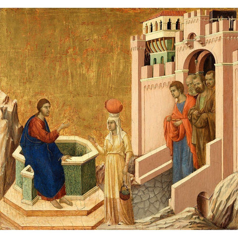 Christ and the Samaritan Woman White Modern Wood Framed Art Print by di Buoninsegna, Duccio