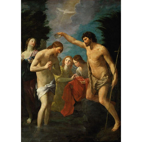 The Baptism of Christ Gold Ornate Wood Framed Art Print with Double Matting by Reni, Guido