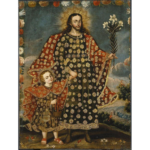 Saint Joseph and the Christ Child Black Modern Wood Framed Art Print with Double Matting by Cusco School