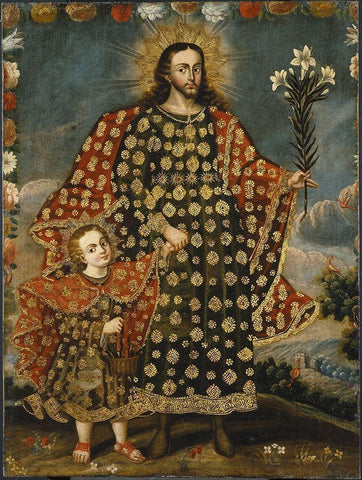 Saint Joseph and the Christ Child Black Ornate Wood Framed Art Print with Double Matting by Cusco School