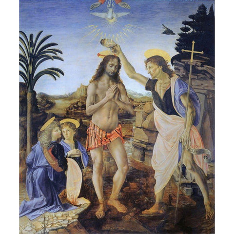 Baptism of Christ Gold Ornate Wood Framed Art Print with Double Matting by da Vinci, Leonardo