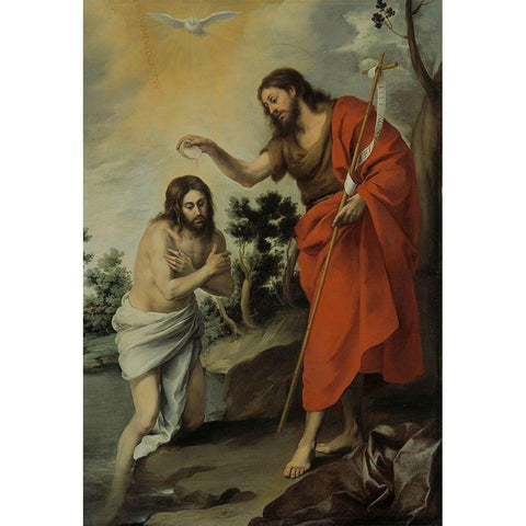 The Baptism of Christ Gold Ornate Wood Framed Art Print with Double Matting by Murillo, Bartolome Esteban