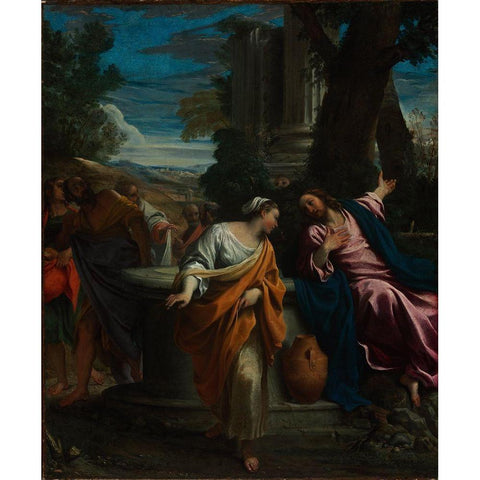 Christ and the Samaritan Woman Gold Ornate Wood Framed Art Print with Double Matting by Carracci, Annibale