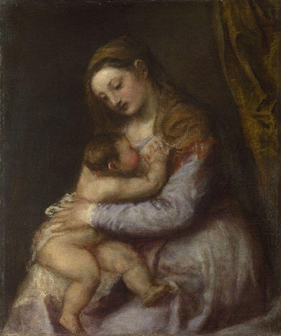 The Virgin suckling the Infant Christ White Modern Wood Framed Art Print with Double Matting by Titian