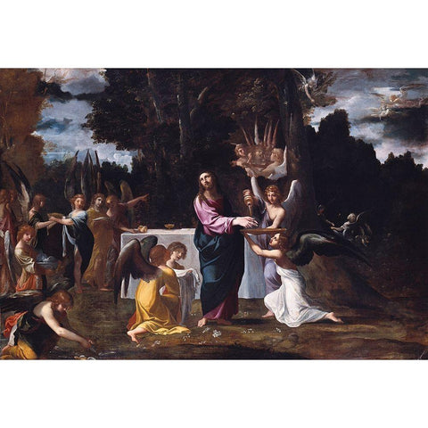 Christ in the Wilderness, Served by Angels Gold Ornate Wood Framed Art Print with Double Matting by Carracci, Ludovico