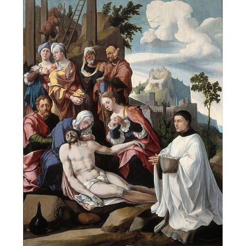 Lamentation of Christ with a Donor Gold Ornate Wood Framed Art Print with Double Matting by van Scorel, Jan