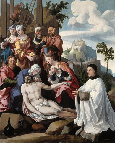 Lamentation of Christ with a Donor White Modern Wood Framed Art Print with Double Matting by van Scorel, Jan