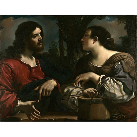 Christ and the Woman of Samaria Black Modern Wood Framed Art Print with Double Matting by Guercino