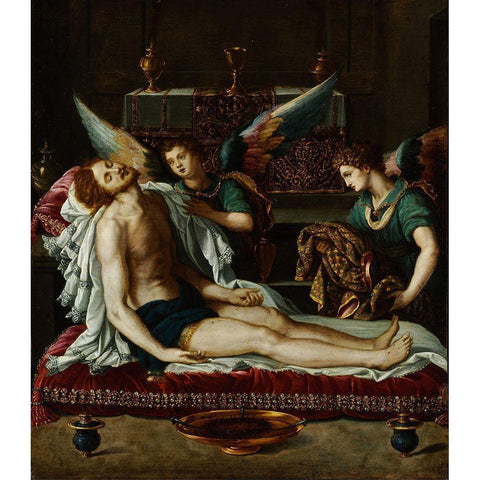 The Body of Christ Anointed by Two Angels White Modern Wood Framed Art Print by Allori, Alessandro