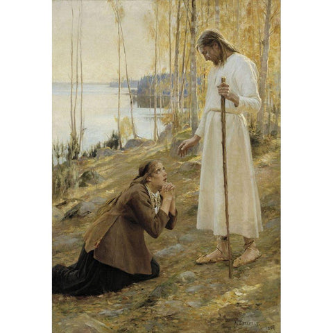 Christ and Mary Magdalene, a Finnish Legend Gold Ornate Wood Framed Art Print with Double Matting by Edelfelt, Albert