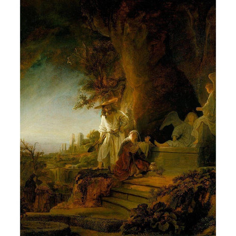 Christ and St Mary Magdalen at the Tomb Gold Ornate Wood Framed Art Print with Double Matting by Rembrandt