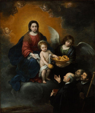 The Infant Christ Distributing Bread to the Pilgrims Black Ornate Wood Framed Art Print with Double Matting by Murillo, Bartolome Esteban