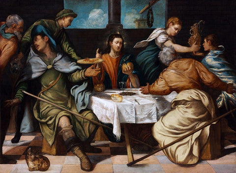 The Supper at Emmaus White Modern Wood Framed Art Print with Double Matting by Tintoretto, Jacopo