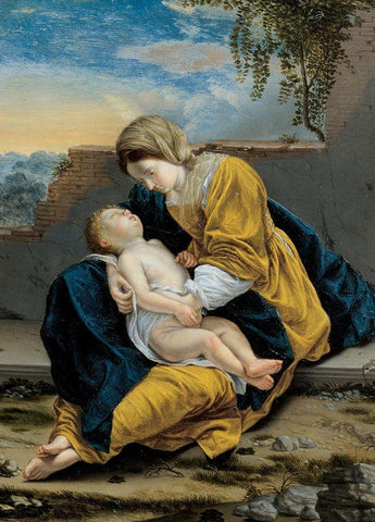 Madonna and Child in a landscape White Modern Wood Framed Art Print with Double Matting by Gentileschi, Orazio