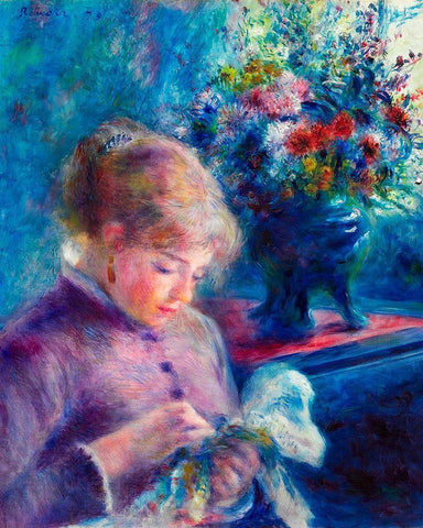 Young Woman Sewing 1879 Black Ornate Wood Framed Art Print with Double Matting by Renoir, Pierre-Auguste