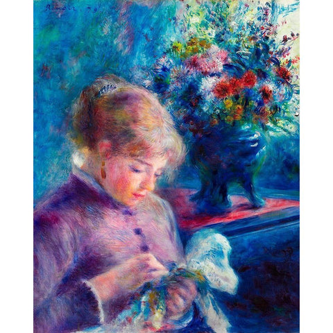 Young Woman Sewing 1879 Black Modern Wood Framed Art Print by Renoir, Pierre-Auguste