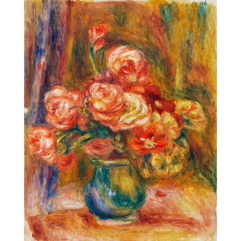 Vase of Roses Black Modern Wood Framed Art Print with Double Matting by Renoir, Pierre-Auguste