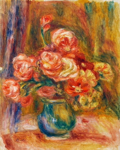 Vase of Roses Black Ornate Wood Framed Art Print with Double Matting by Renoir, Pierre-Auguste