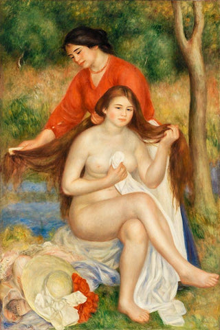 Bather and Maid 1900â€“1901 White Modern Wood Framed Art Print with Double Matting by Renoir, Pierre-Auguste