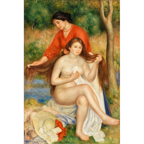 Bather and Maid 1900â€“1901 Gold Ornate Wood Framed Art Print with Double Matting by Renoir, Pierre-Auguste