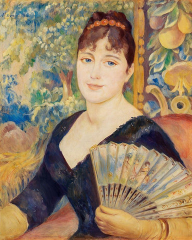Woman with Fan 1886  Black Ornate Wood Framed Art Print with Double Matting by Renoir, Pierre-Auguste