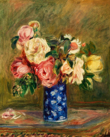 Bouquet of Roses 1882 Black Ornate Wood Framed Art Print with Double Matting by Renoir, Pierre-Auguste