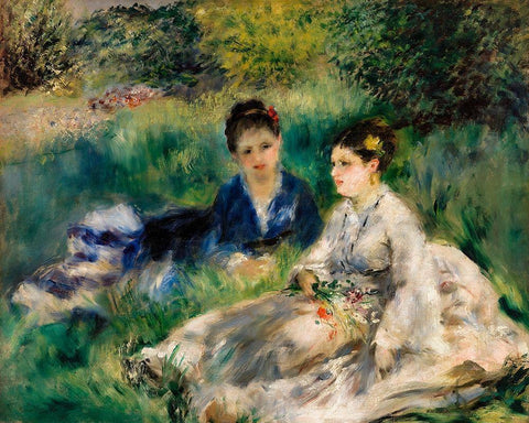 On the Grass 1873 White Modern Wood Framed Art Print with Double Matting by Renoir, Pierre-Auguste