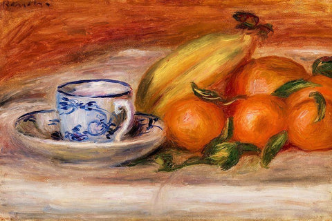 Oranges, Bananas, and Teacup 1908 White Modern Wood Framed Art Print with Double Matting by Renoir, Pierre-Auguste