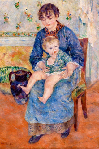 Young Mother 1881 Black Ornate Wood Framed Art Print with Double Matting by Renoir, Pierre-Auguste