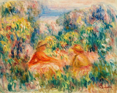 Two Women in a Landscape 1918 Black Ornate Wood Framed Art Print with Double Matting by Renoir, Pierre-Auguste