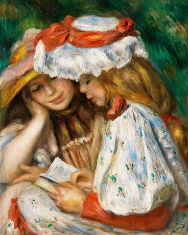 Two Girls Reading 1891 White Modern Wood Framed Art Print with Double Matting by Renoir, Pierre-Auguste
