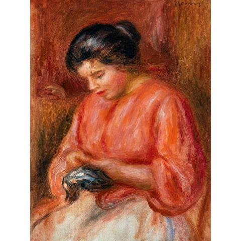 Girl Darning 1909 White Modern Wood Framed Art Print by Renoir, Pierre-Auguste