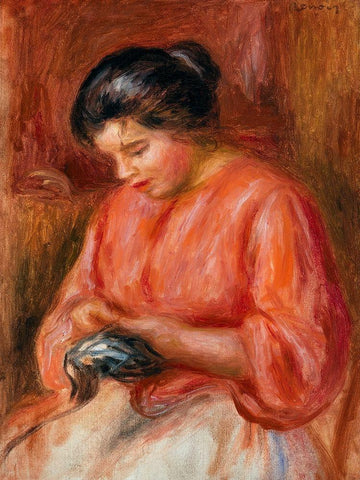 Girl Darning 1909 Black Ornate Wood Framed Art Print with Double Matting by Renoir, Pierre-Auguste