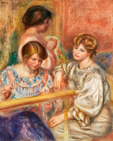 Embroiderers 1902 White Modern Wood Framed Art Print with Double Matting by Renoir, Pierre-Auguste