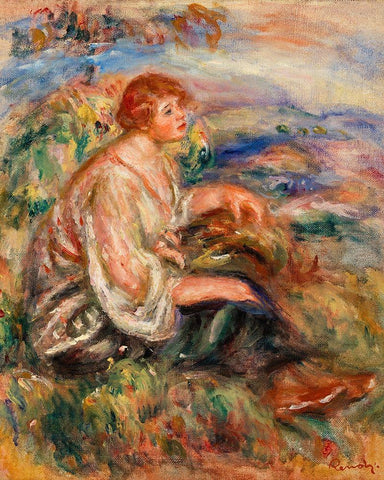 Woman in Tulle Blouse and Black Skirt 1917 White Modern Wood Framed Art Print with Double Matting by Renoir, Pierre-Auguste