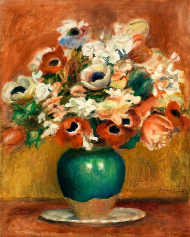 Flowers 1885 White Modern Wood Framed Art Print with Double Matting by Renoir, Pierre-Auguste