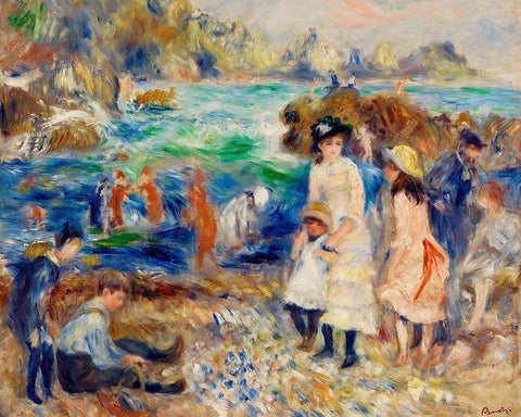 Children on the Seashore, Guernsey 1883 Black Ornate Wood Framed Art Print with Double Matting by Renoir, Pierre-Auguste