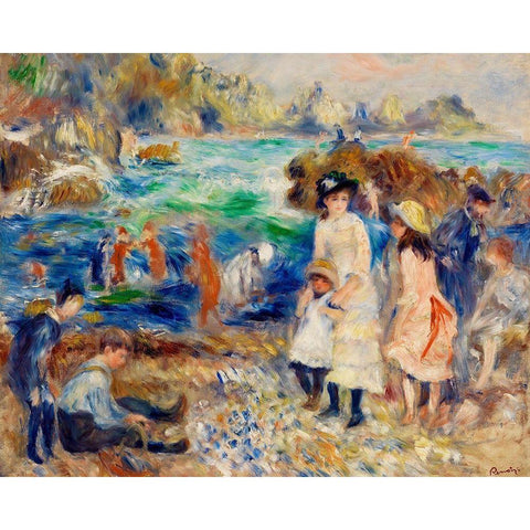 Children on the Seashore, Guernsey 1883 Black Modern Wood Framed Art Print with Double Matting by Renoir, Pierre-Auguste