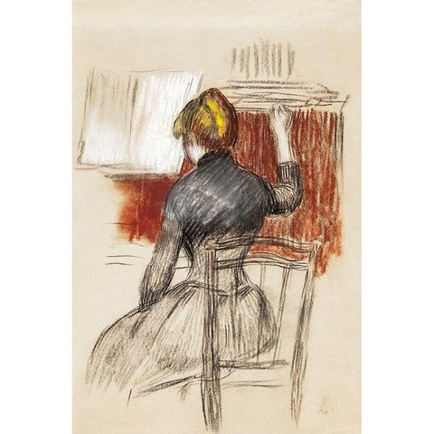 Woman at a Piano Gold Ornate Wood Framed Art Print with Double Matting by Renoir, Pierre-Auguste