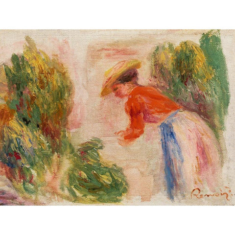 Woman Gathering Flowers 1910 Black Modern Wood Framed Art Print with Double Matting by Renoir, Pierre-Auguste