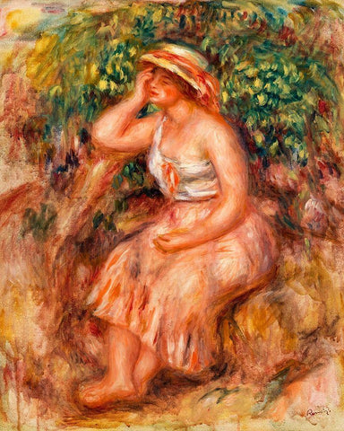 Woman Daydreaming 1913 White Modern Wood Framed Art Print with Double Matting by Renoir, Pierre-Auguste