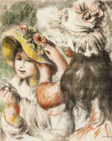Pinning the Hat 1898 Black Ornate Wood Framed Art Print with Double Matting by Renoir, Pierre-Auguste