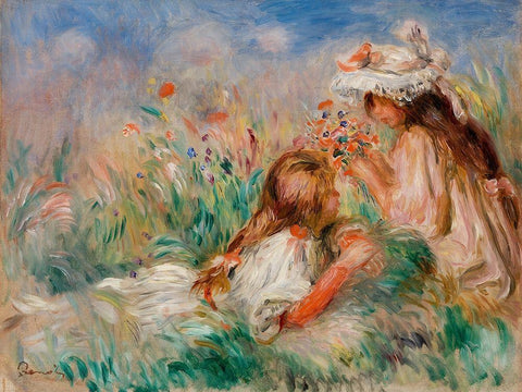 Girls in the Grass Arranging a Bouquet 1890 White Modern Wood Framed Art Print with Double Matting by Renoir, Pierre-Auguste