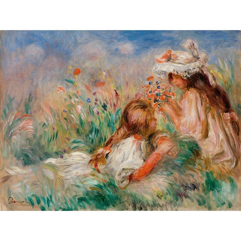 Girls in the Grass Arranging a Bouquet 1890 Gold Ornate Wood Framed Art Print with Double Matting by Renoir, Pierre-Auguste