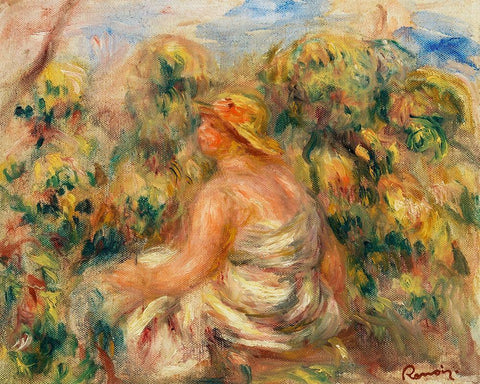 Woman with Hat in a Landscape 1918 Black Ornate Wood Framed Art Print with Double Matting by Renoir, Pierre-Auguste
