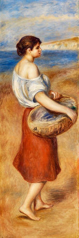 Girl with Basket of Fish 1890 White Modern Wood Framed Art Print with Double Matting by Renoir, Pierre-Auguste