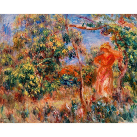 Woman in Red in a Landscape 1917 White Modern Wood Framed Art Print by Renoir, Pierre-Auguste